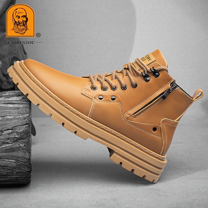 mens trendy outdoor work boots breathable anti skid high top lace up boots with side zipper autumn and winter details 2