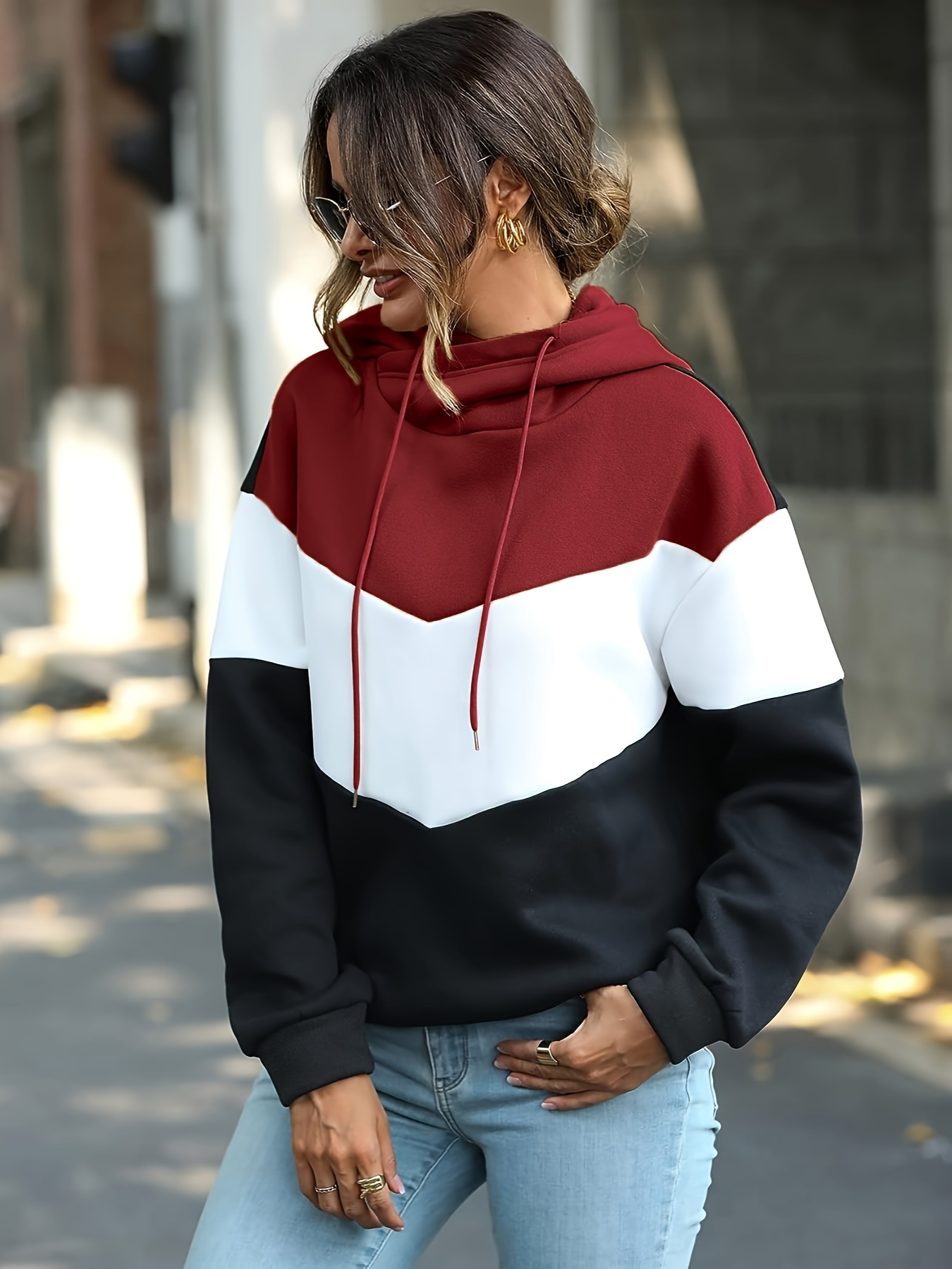 color block drawstring hoodie casual long sleeve novelty hoodies sweatshirt womens clothing details 6