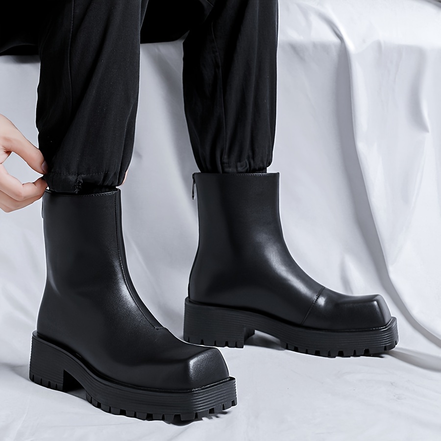 mens stylish solid squared toe boots thick sole anti skid side zippered ankle boots with pu leather uppers for outdoor street details 2