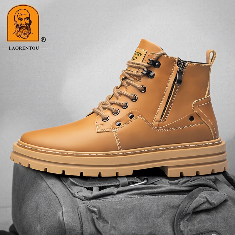 mens trendy outdoor work boots breathable anti skid high top lace up boots with side zipper autumn and winter details 0