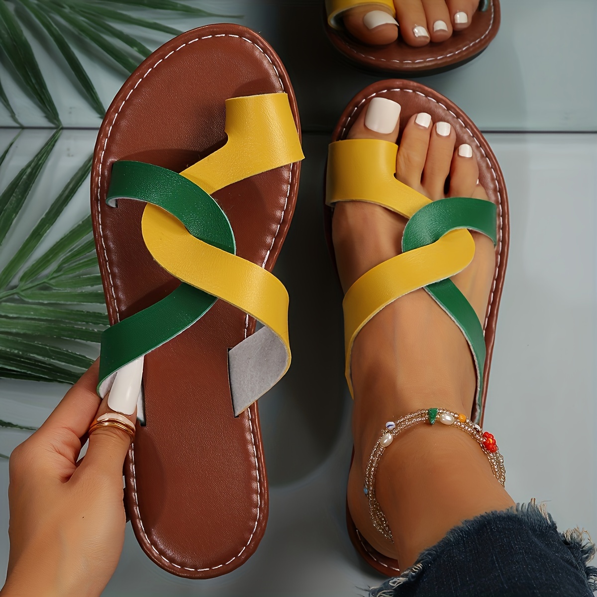womens toe loop flat slides solid color cross strap faux leather shoes casual summer beach slides details 5