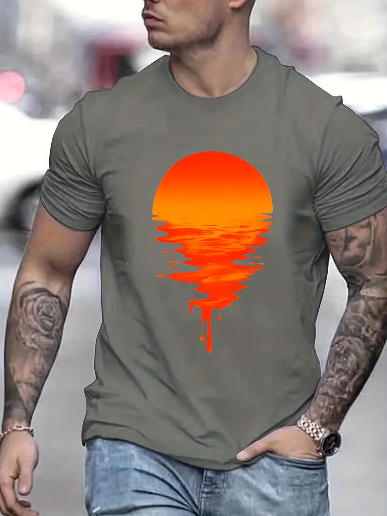 sunset print mens graphic design crew neck t shirt casual comfy tees tshirts for summer mens clothing tops for daily vacation resorts details 0