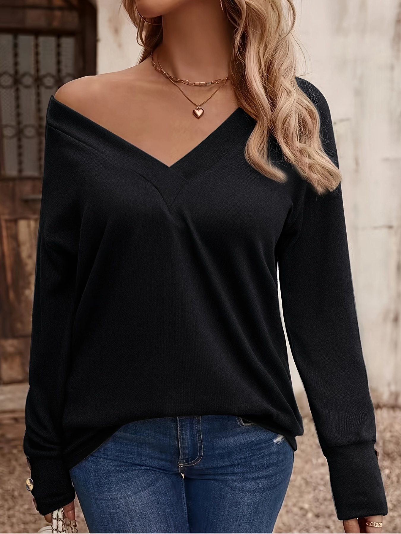 solid color pullover sweatshirt casual button long sleeve v neck sweatshirt womens clothing details 3