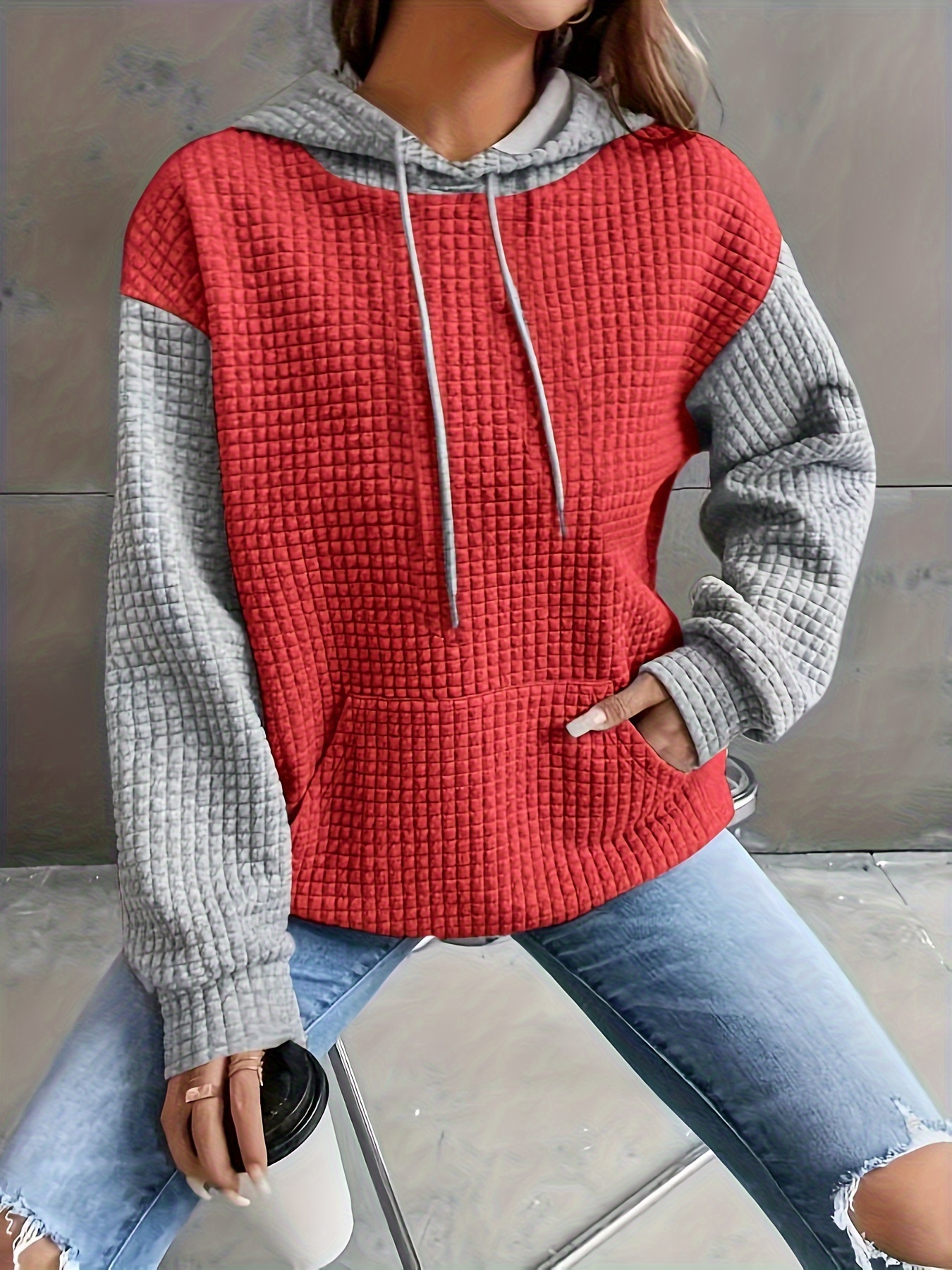 color block waffle drawstring hoodie casual long sleeve pocket sweatshirt womens clothing details 14