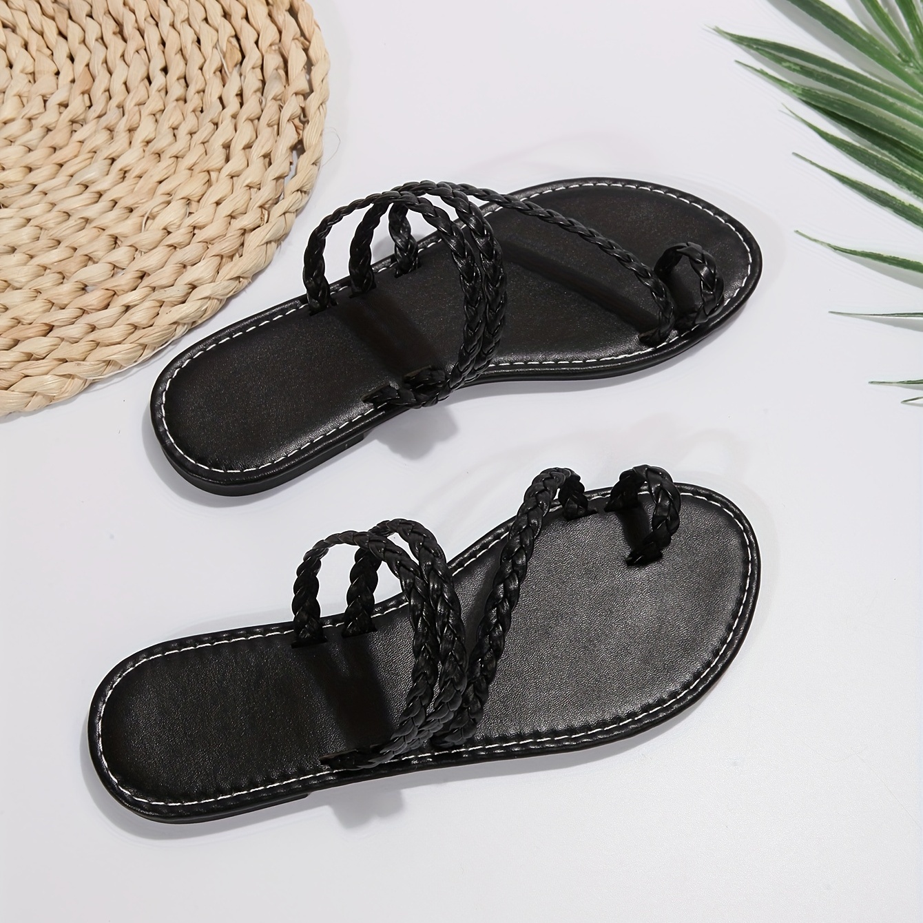womens braided straps flat sandals solid color toe loop beach shoes causal vacation summer shoes details 4