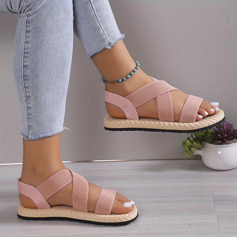 womens solid color flat sandals open toe elastic strap slip on shoes casual outdoor beach sandals details 1