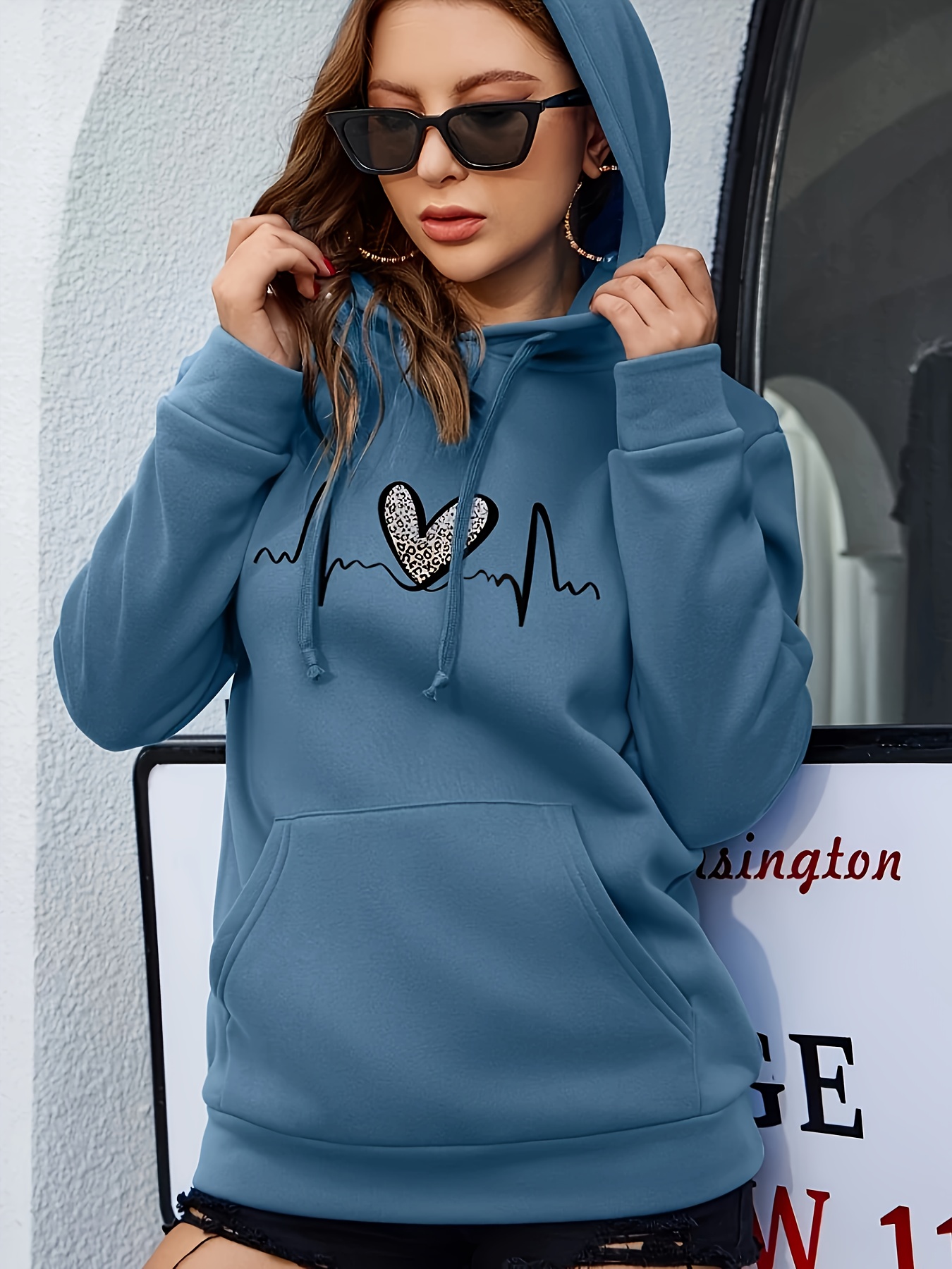 leopard heart print drawstring hoodie casual long sleeve drop shoulder hoodie womens clothing details 9