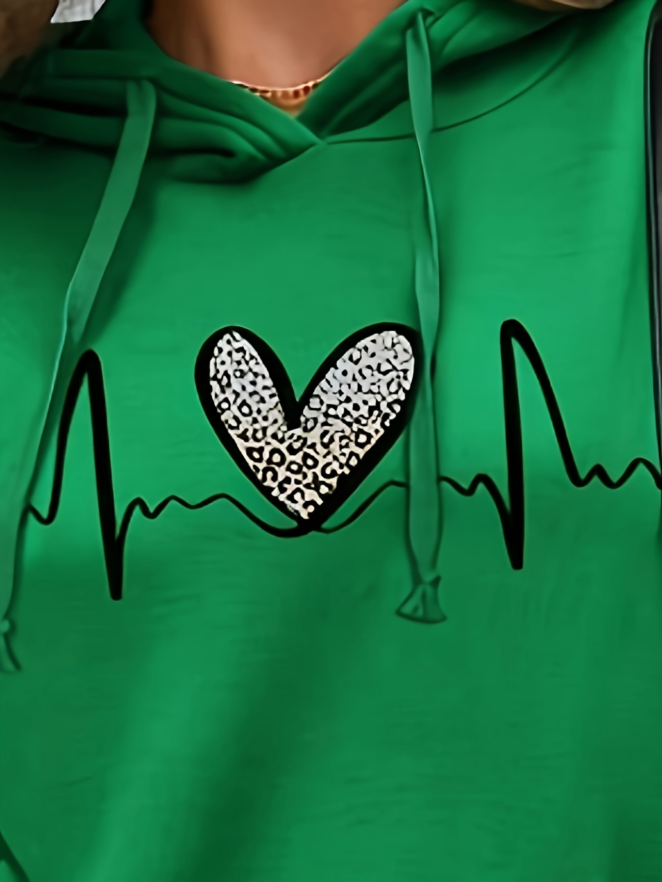 leopard heart print drawstring hoodie casual long sleeve drop shoulder hoodie womens clothing details 4