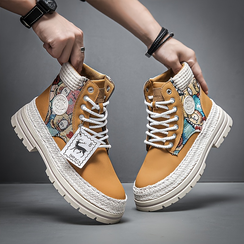 mens casual high boots durable slip resistant lace up walking shoes with thick soles for outdoor spring autumn and winter details 0