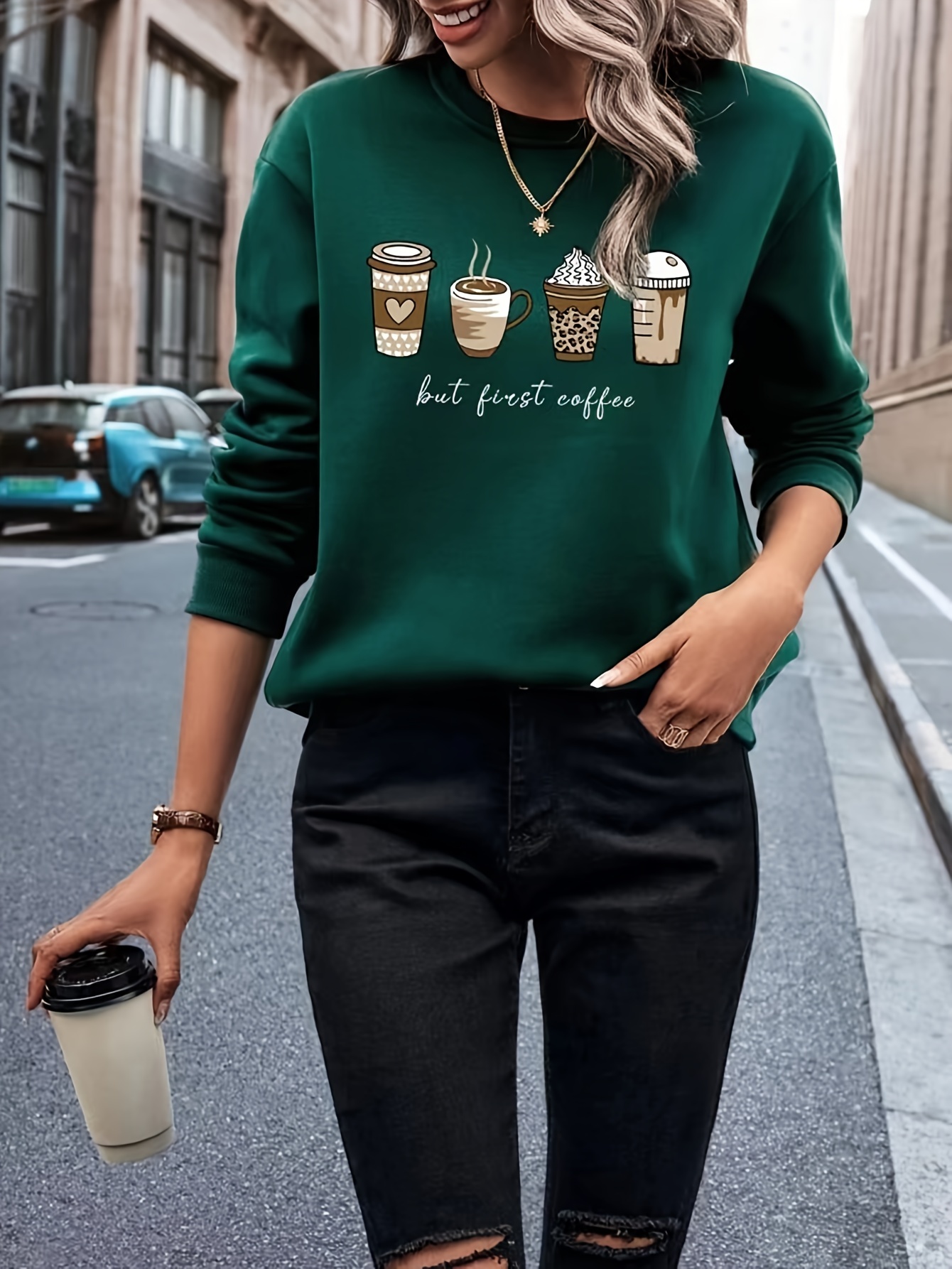 coffee letter print sweatshirt casual crew neck long sleeve sweatshirt womens clothing details 2