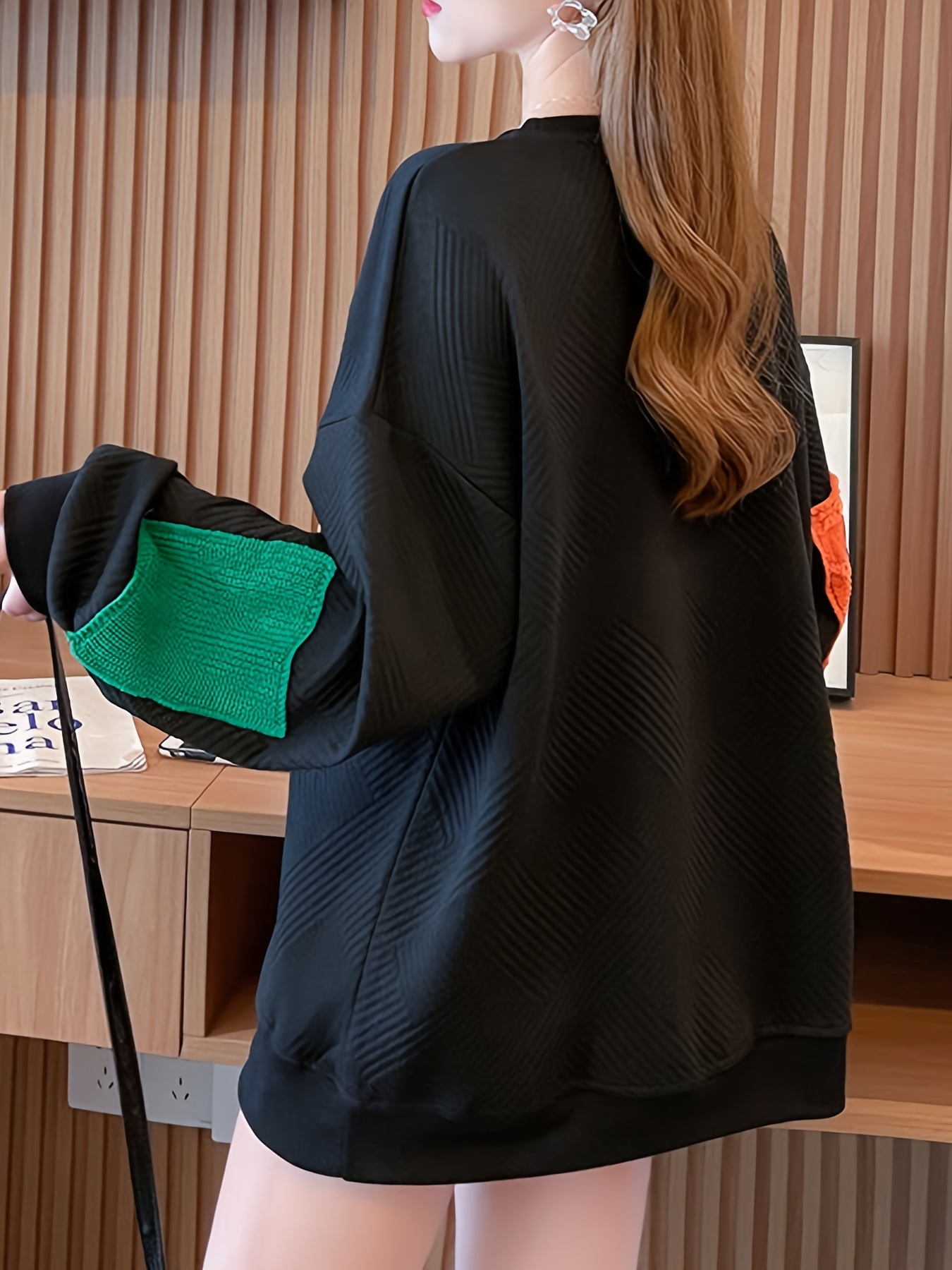 colorblock patchwork crew neck pullover casual fashion loose long sleeve sweatshirt womens clothing details 15
