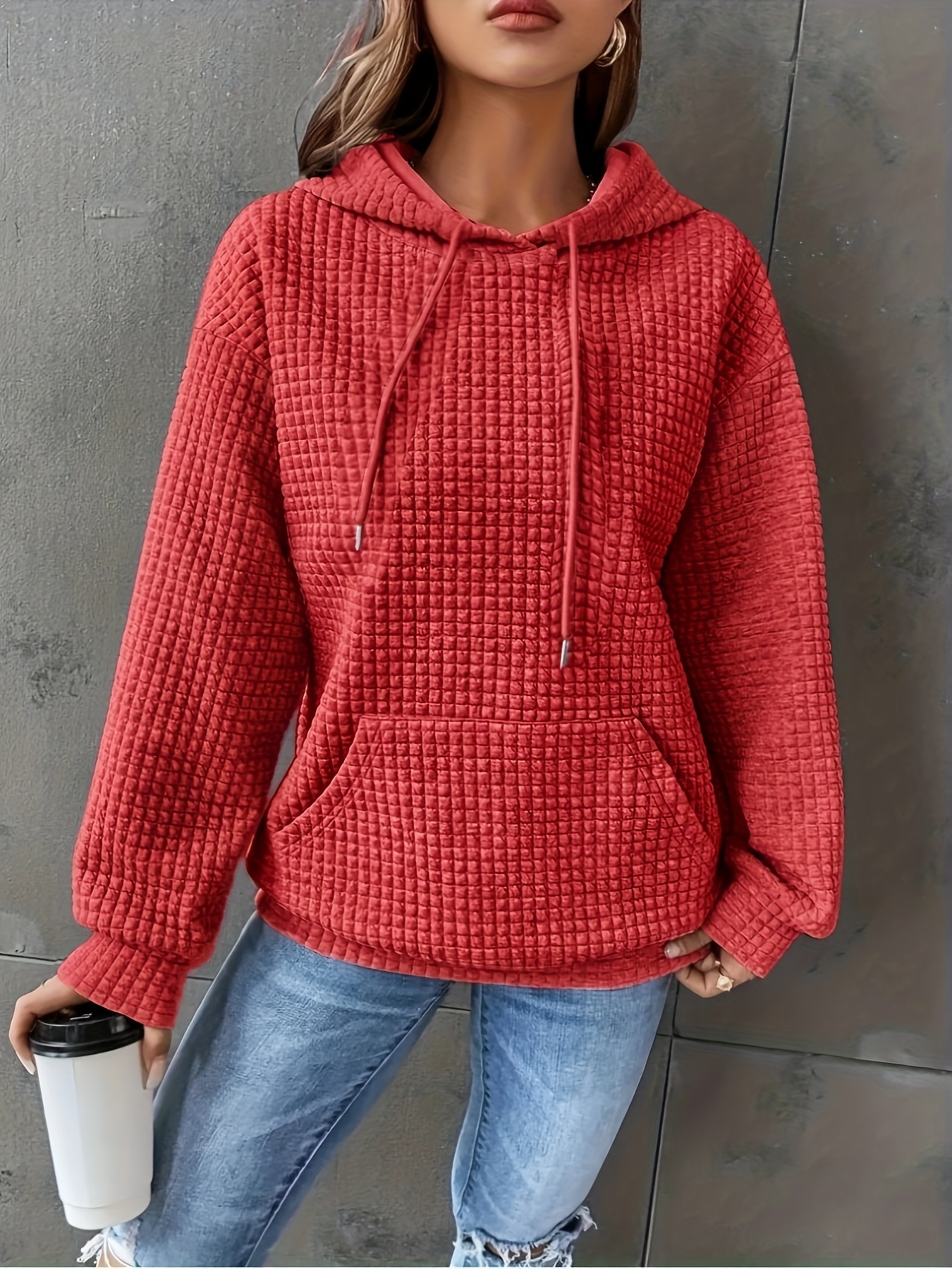 color block waffle drawstring hoodie casual long sleeve pocket sweatshirt womens clothing details 4