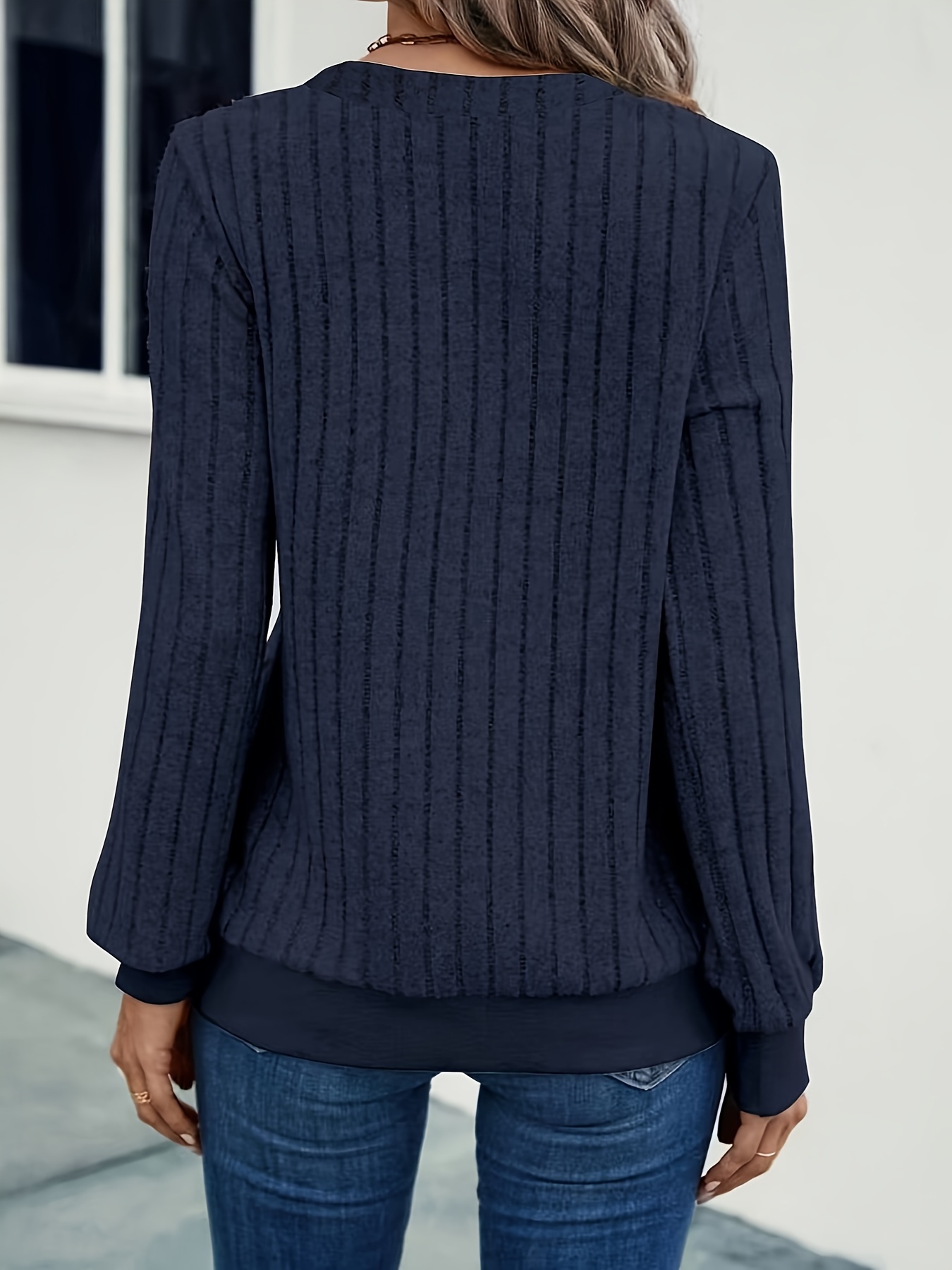 ribbed knit v neck pullover top casual long sleeve top for fall winter womens clothing details 9