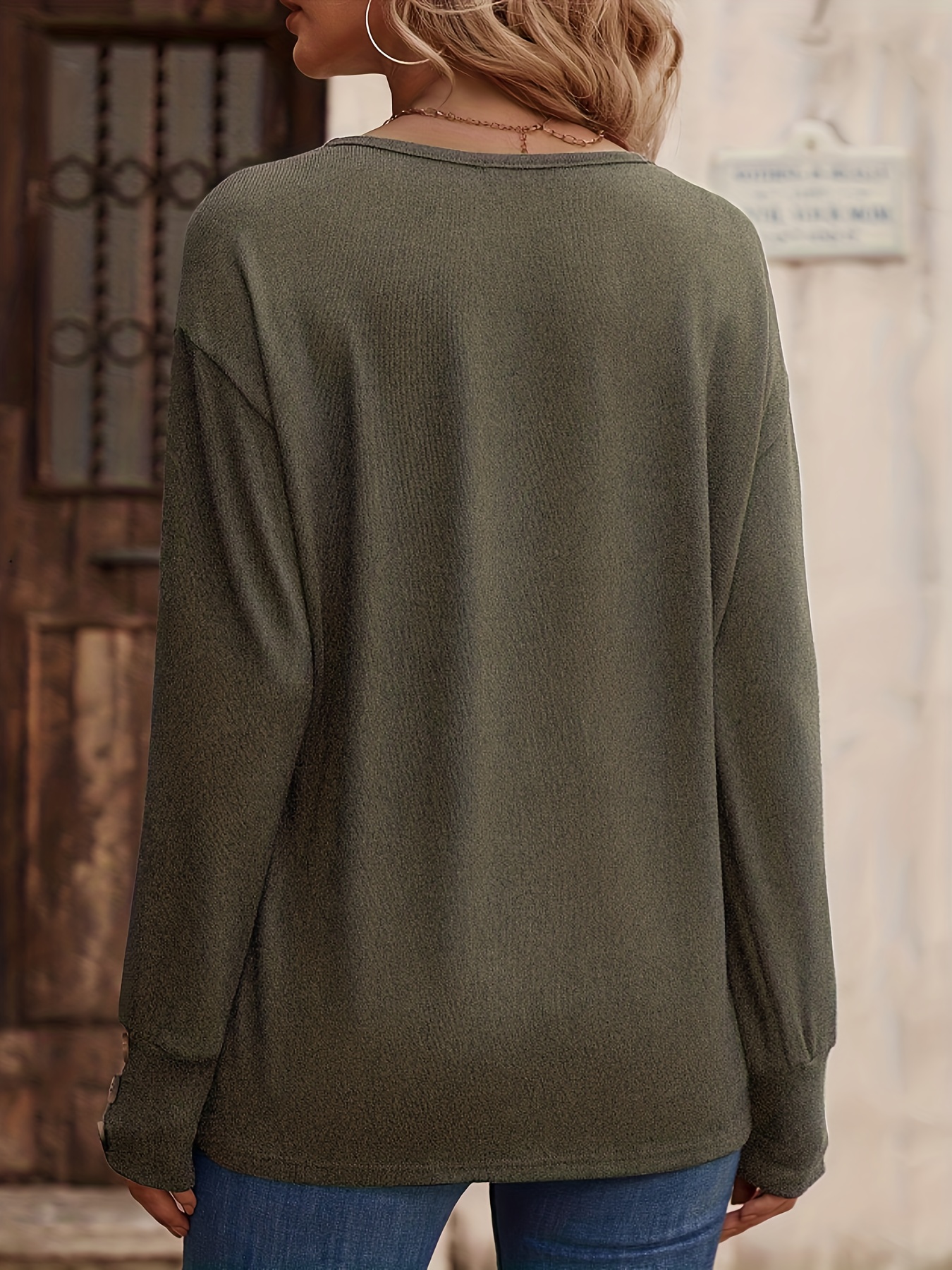 solid color pullover sweatshirt casual button long sleeve v neck sweatshirt womens clothing details 5