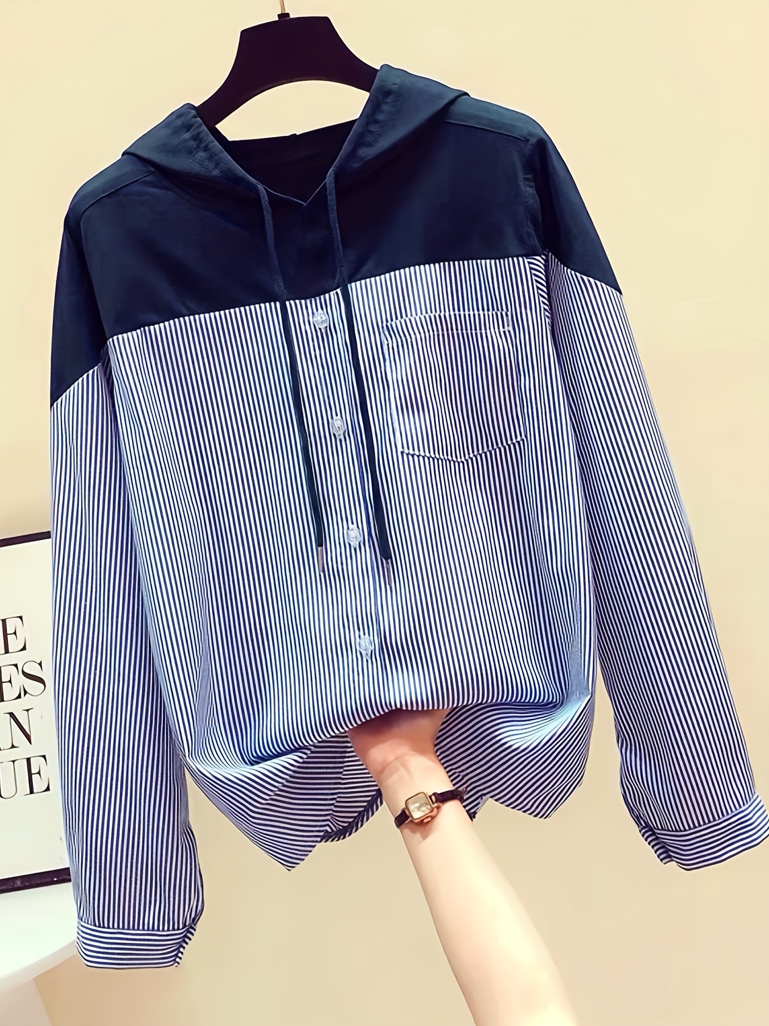 patchwork striped print button hoodie casual cuff sleeve drawstring hoodies sweatshirt womens clothing details 8