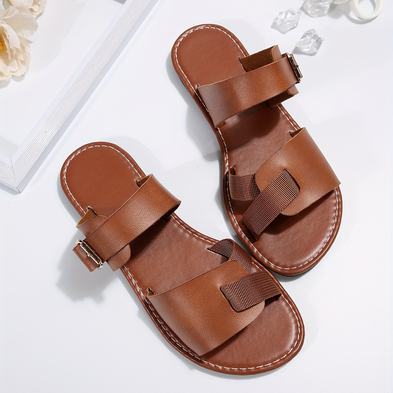 womens flat slide sandals open round toe buckle strap shoes casual summer beach slides details 4