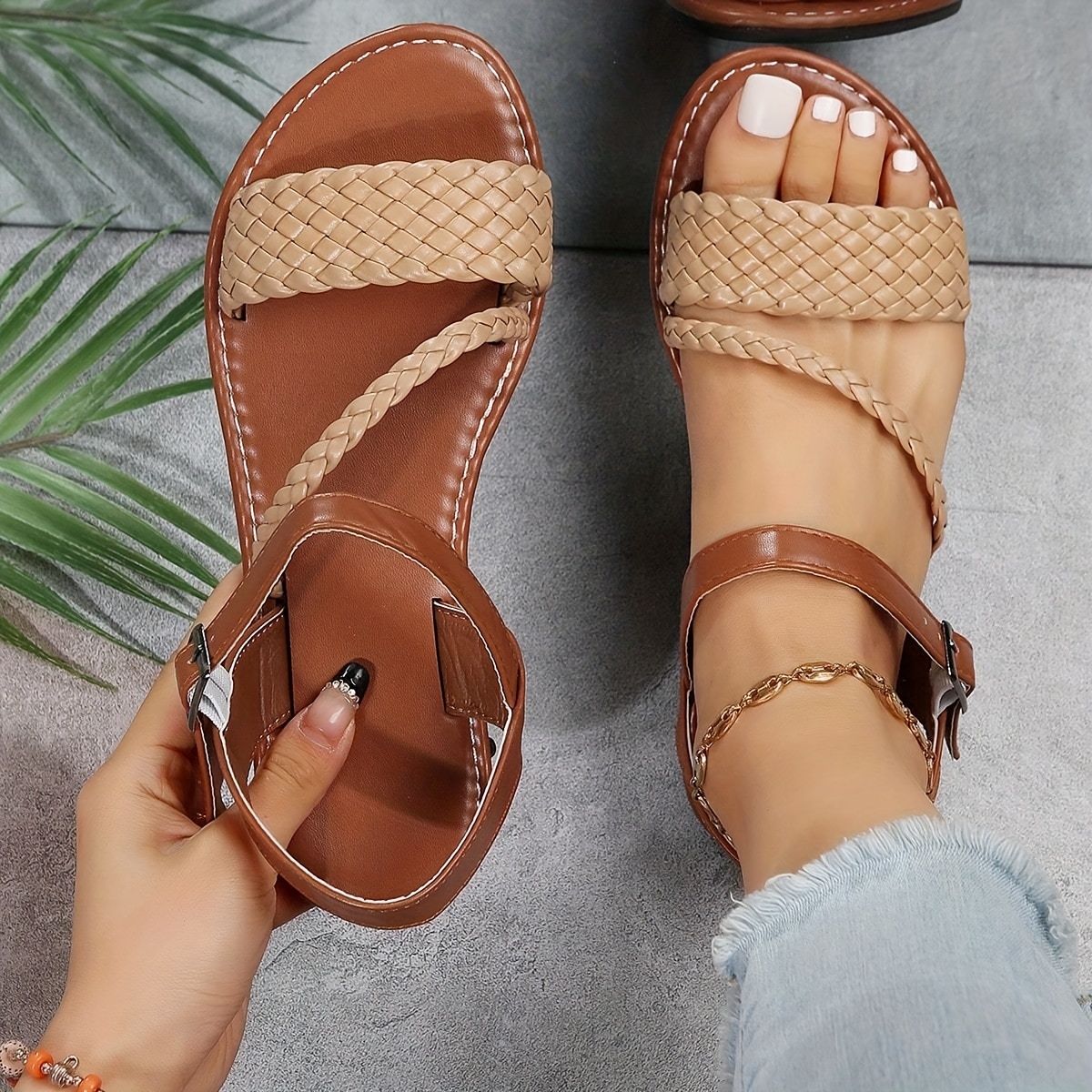 womens braided belt sandals casual ankle buckle strap flat sandals womens summer beach sandals details 2