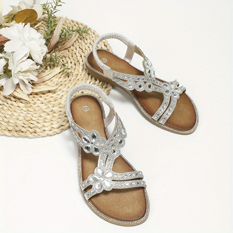 floral rhinestone flat sandals, womens floral rhinestone flat sandals boho style open toe elastic strap shoes casual beach sandals details 21
