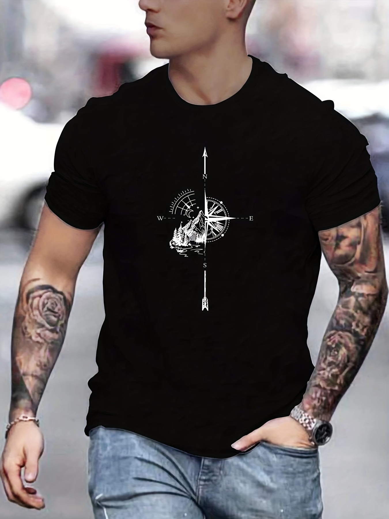 mountain and compass pattern print mens comfy t shirt graphic tee mens summer outdoor clothes mens clothing tops for men details 5