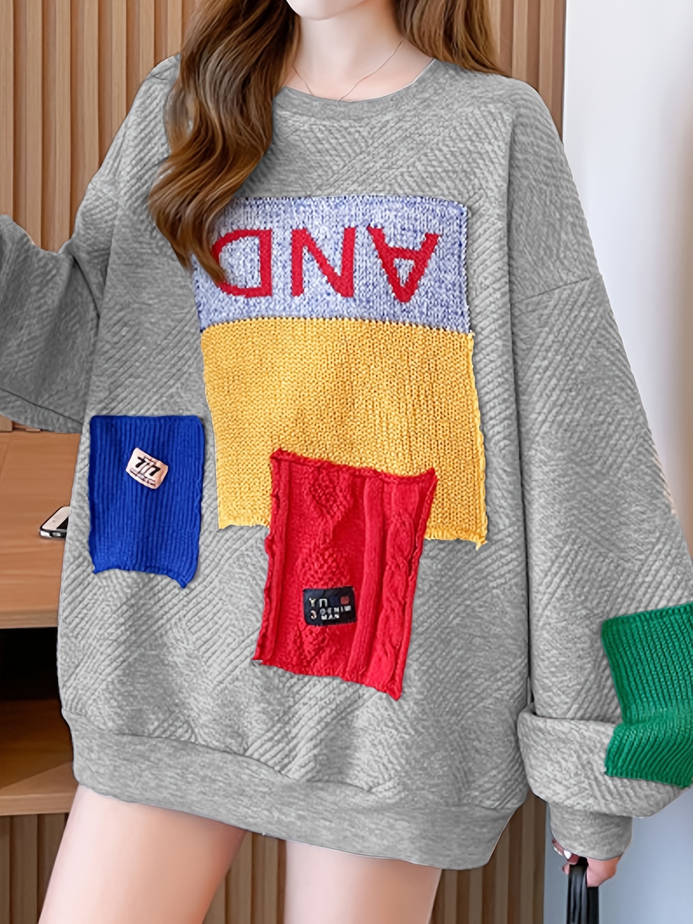 colorblock patchwork crew neck pullover casual fashion loose long sleeve sweatshirt womens clothing details 5