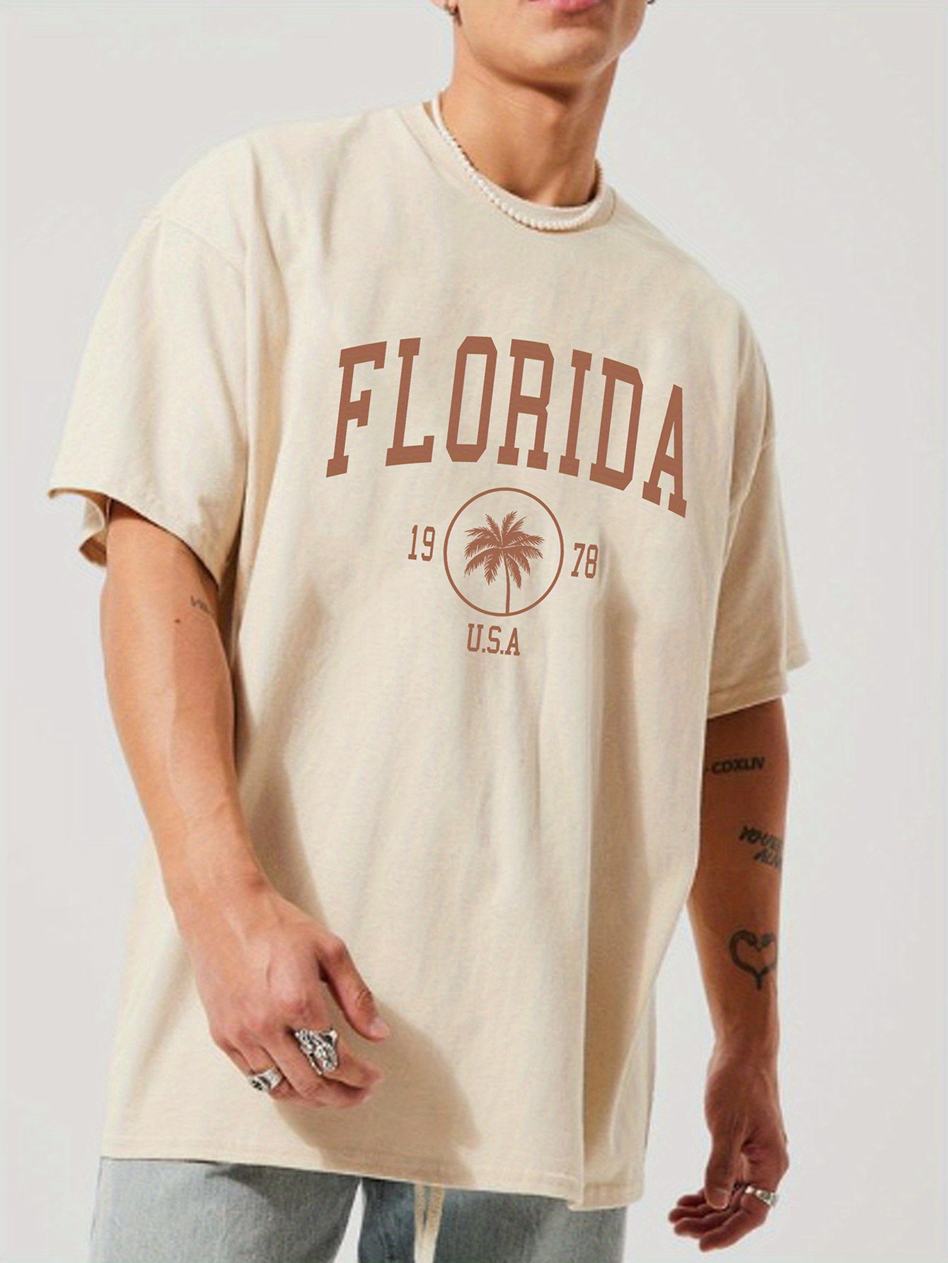 florida letter print mens t shirt for summer beach vacation mens trendy graphic crew neck tops details 0