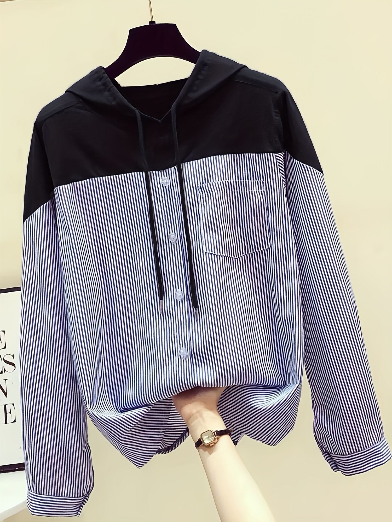 patchwork striped print button hoodie casual cuff sleeve drawstring hoodies sweatshirt womens clothing details 4