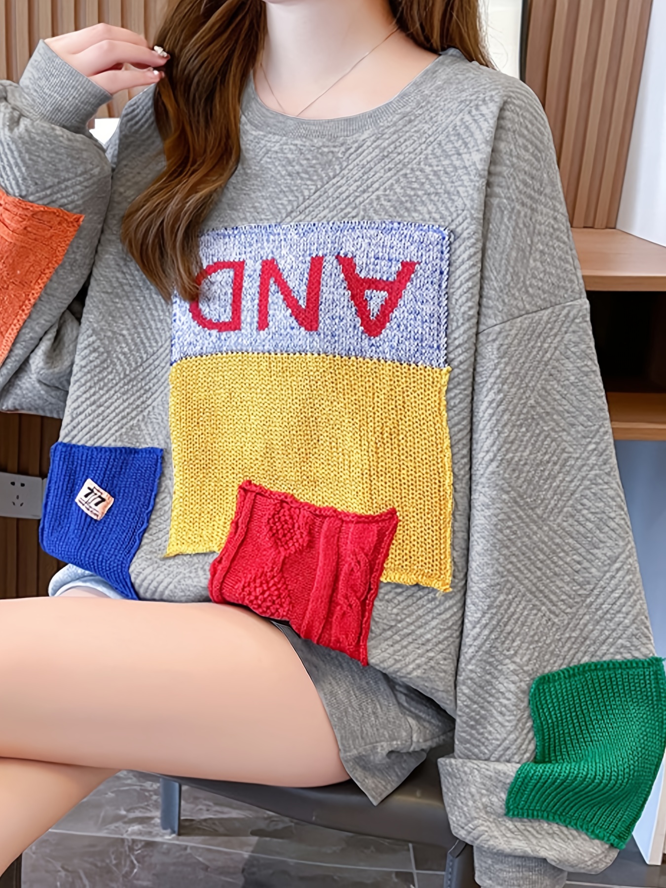 colorblock patchwork crew neck pullover casual fashion loose long sleeve sweatshirt womens clothing details 1