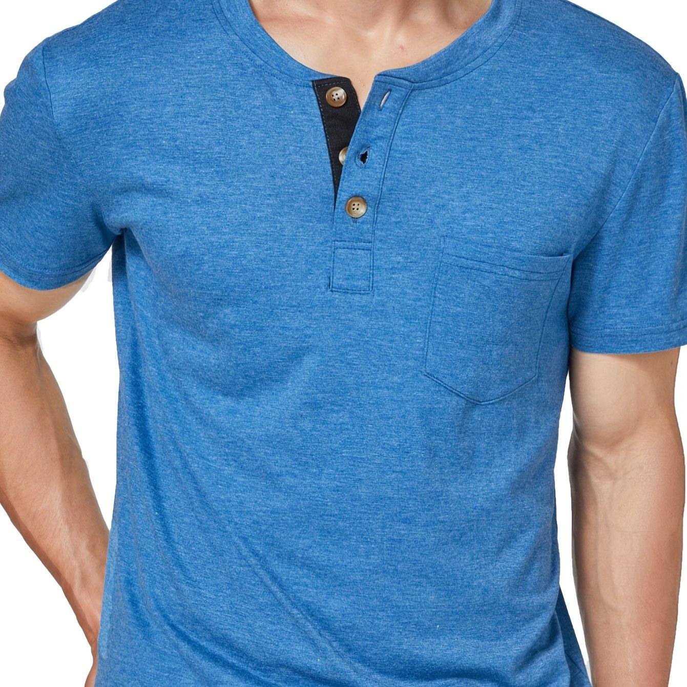 Solid Color Men's Basic Henley Tee With Chest Pocket, Casual Slim Short Sleeve Henley T-Shirt With Button