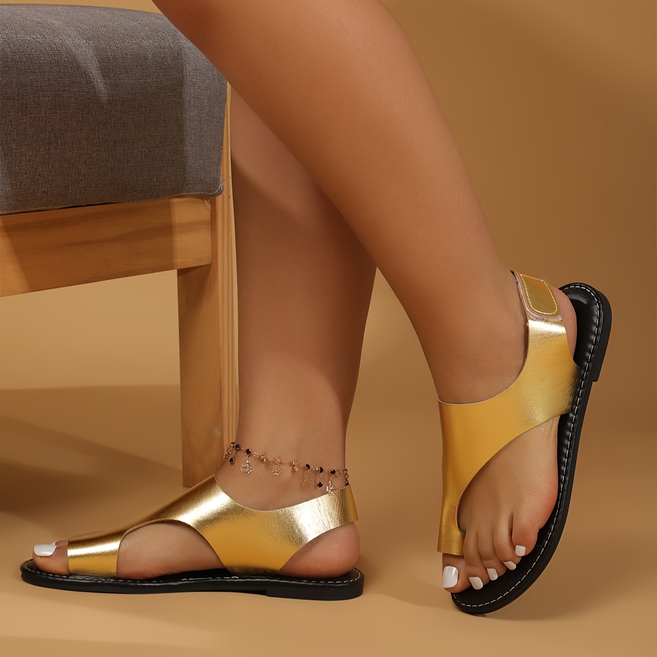 womens metalic flat sandals casual loop toe summer shoes womens lightweight beach sandals details 3