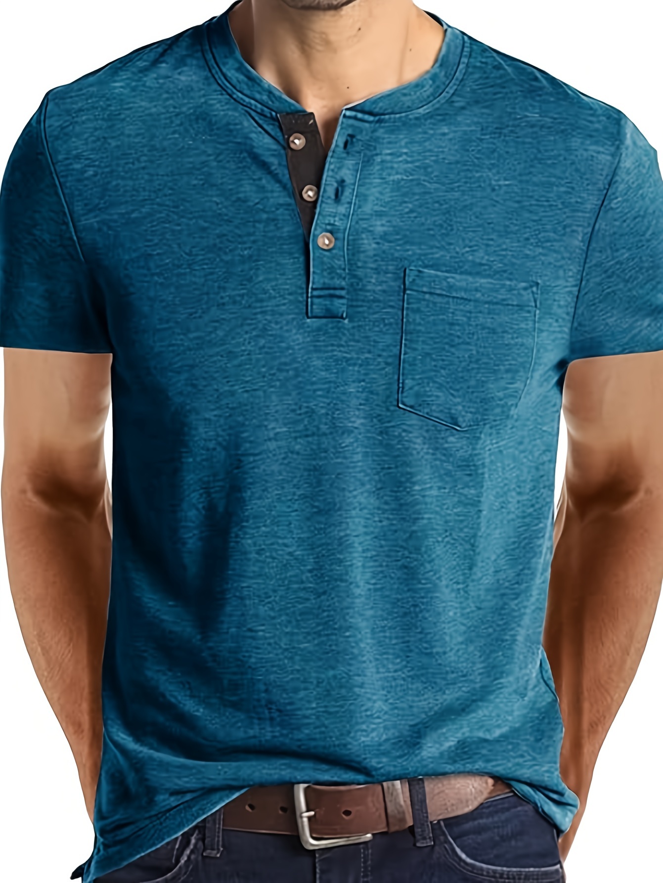 Solid Color Men's Basic Henley Tee With Chest Pocket, Casual Slim Short Sleeve Henley T-Shirt With Button