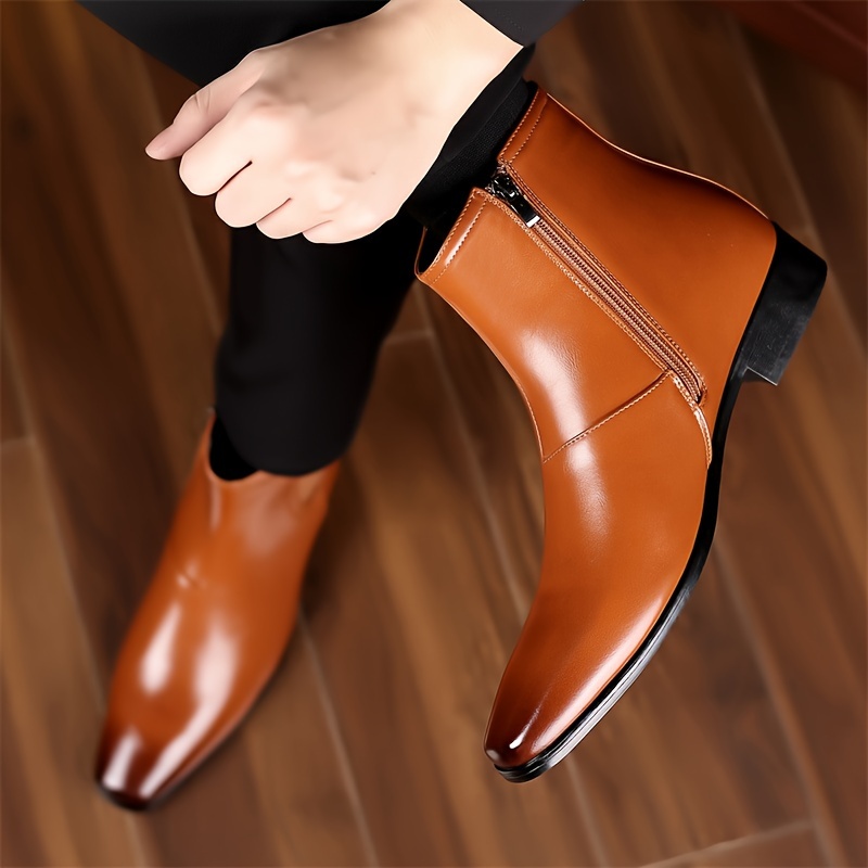 mens fashion casual pu leather boots non slip formal dress shoes with side zippers for outdoor details 8