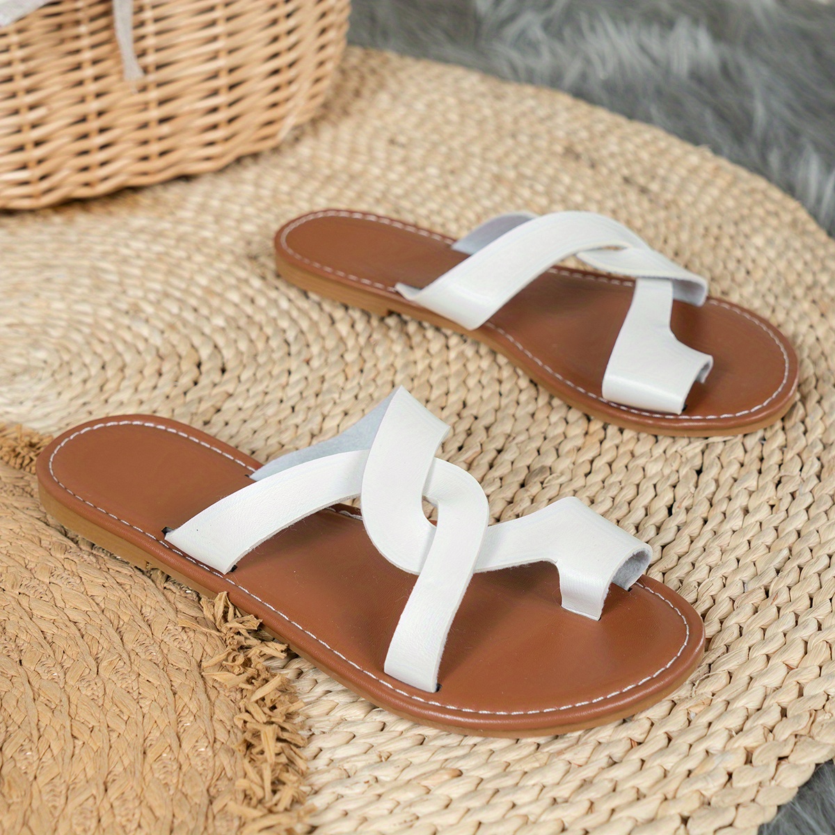 womens toe loop slide sandals casual cross strap flat shoes faux leather slide sandals details 5