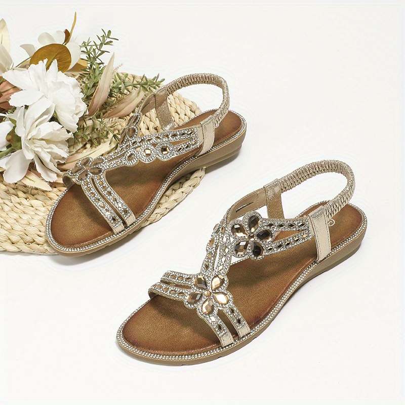 floral rhinestone flat sandals, womens floral rhinestone flat sandals boho style open toe elastic strap shoes casual beach sandals details 9