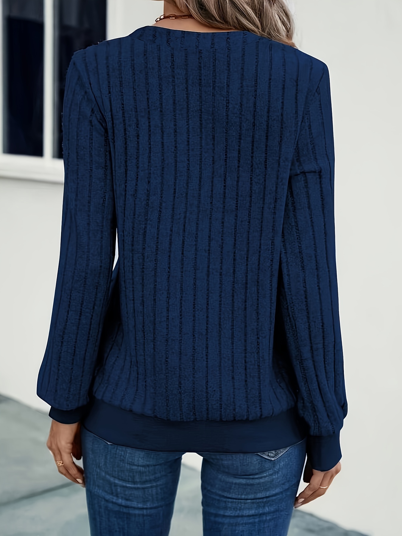 ribbed knit v neck pullover top casual long sleeve top for fall winter womens clothing details 14