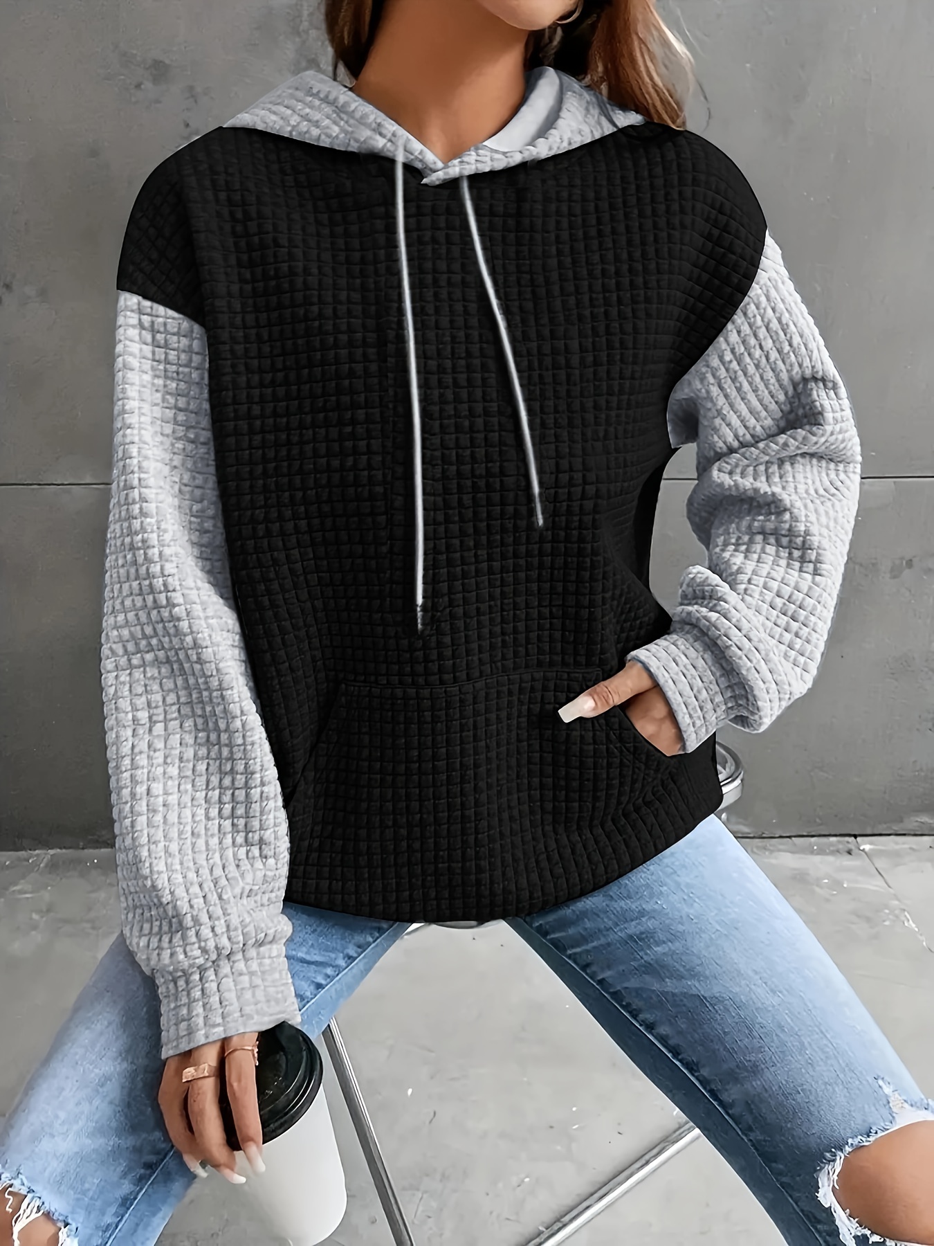 color block waffle drawstring hoodie casual long sleeve pocket sweatshirt womens clothing details 18