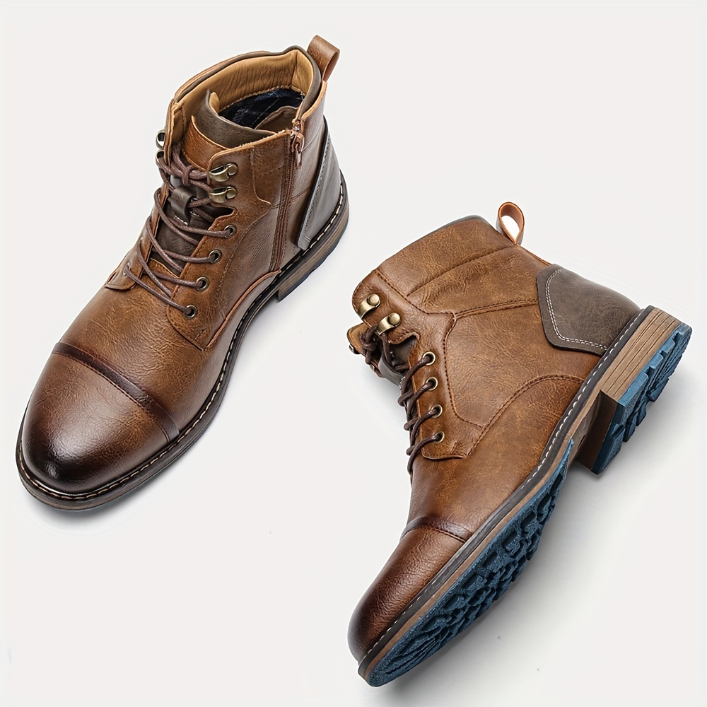 mens vintage cap toe lace up boots with side zipper casual pu leather walking shoes details 8