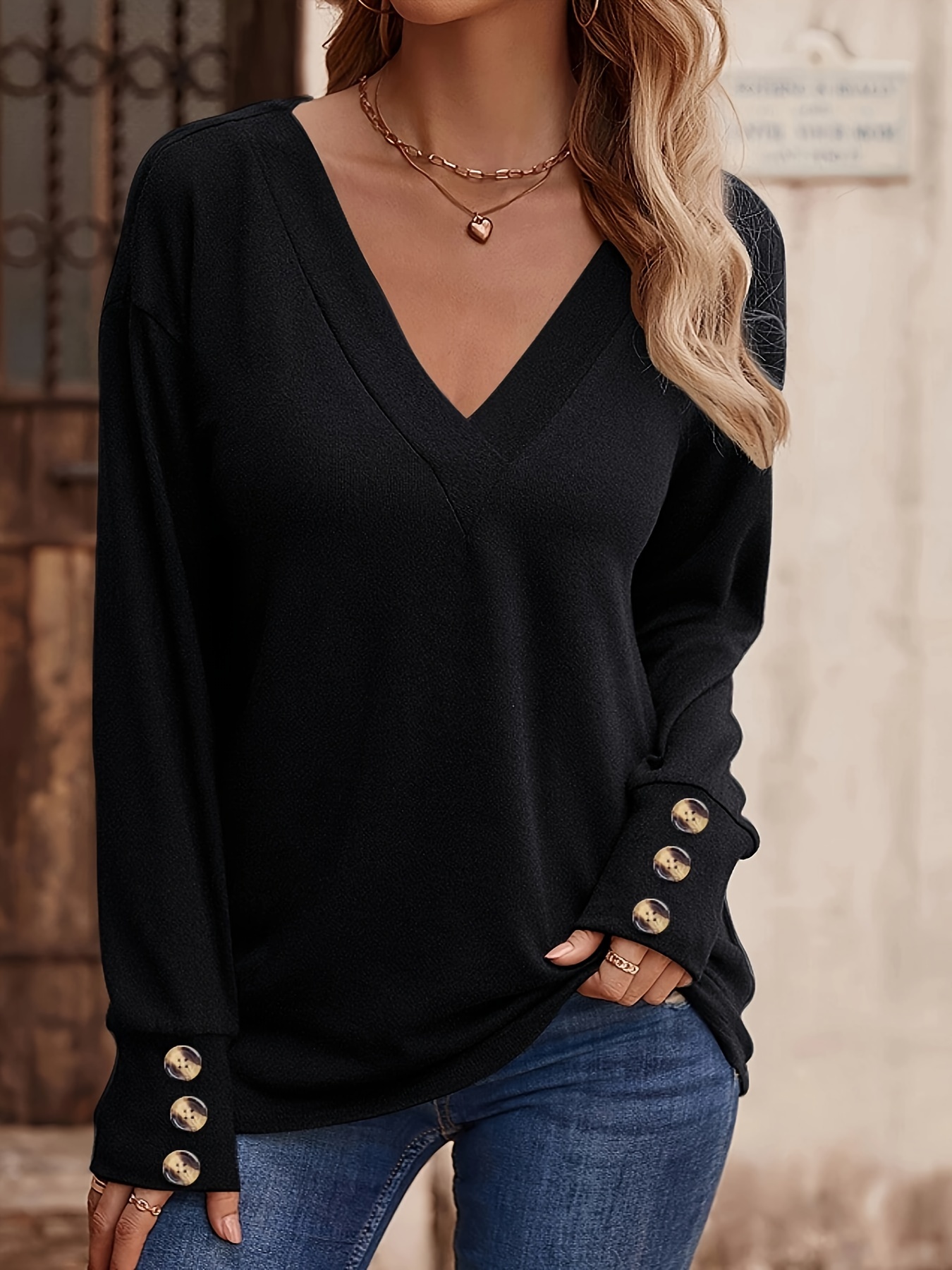 solid color pullover sweatshirt casual button long sleeve v neck sweatshirt womens clothing details 4