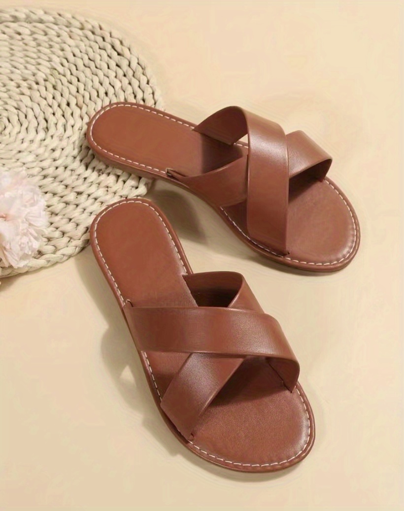 womens cross strap flat slippers solid color open toe non slip slides casual outdoor beach slippers details 6
