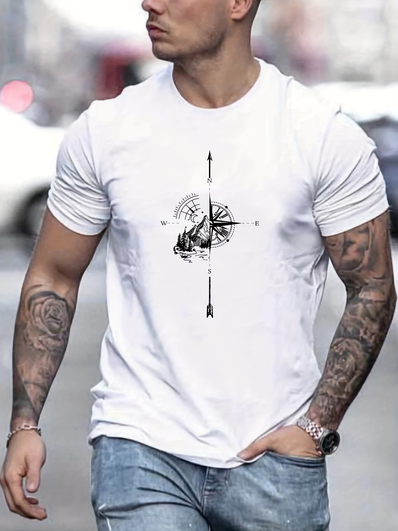 mountain and compass pattern print mens comfy t shirt graphic tee mens summer outdoor clothes mens clothing tops for men details 0