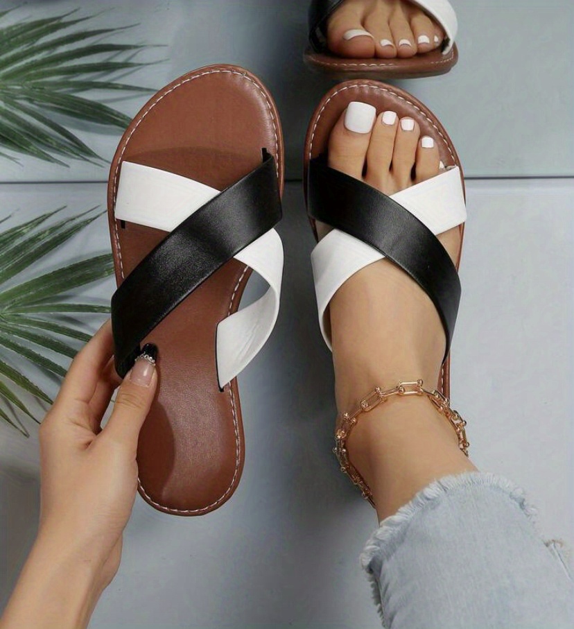 womens cross strap flat slippers solid color open toe non slip slides casual outdoor beach slippers details 13