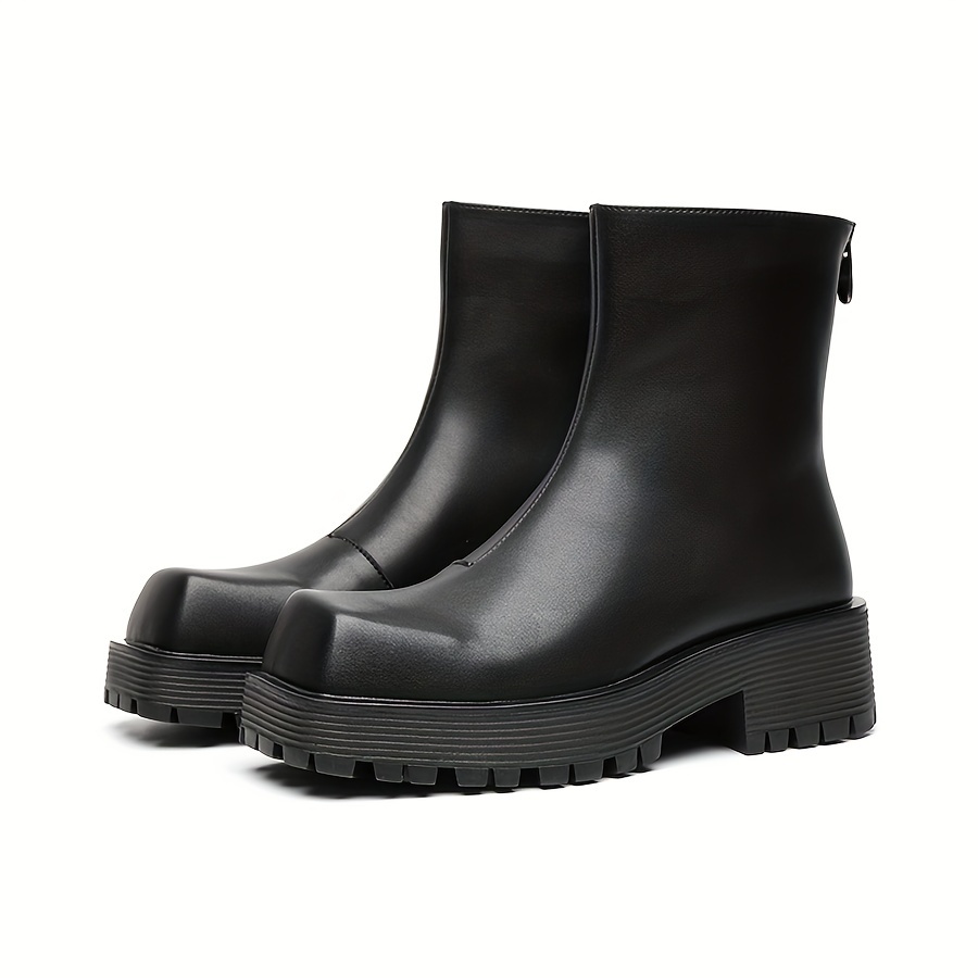 mens stylish solid squared toe boots thick sole anti skid side zippered ankle boots with pu leather uppers for outdoor street details 5