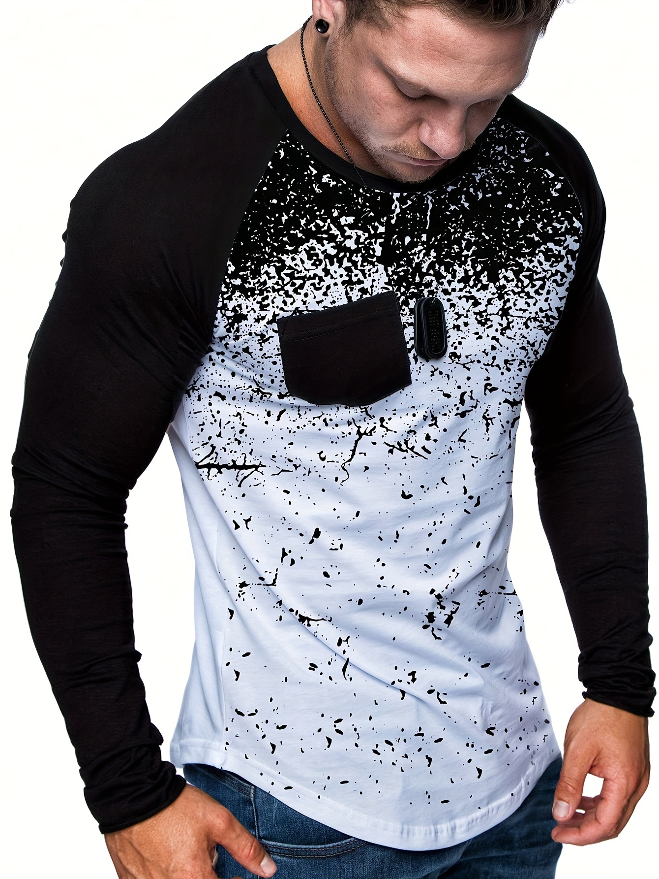 mens printed long sleeve t shirt mens casual vintage crew neck sports tops details 4