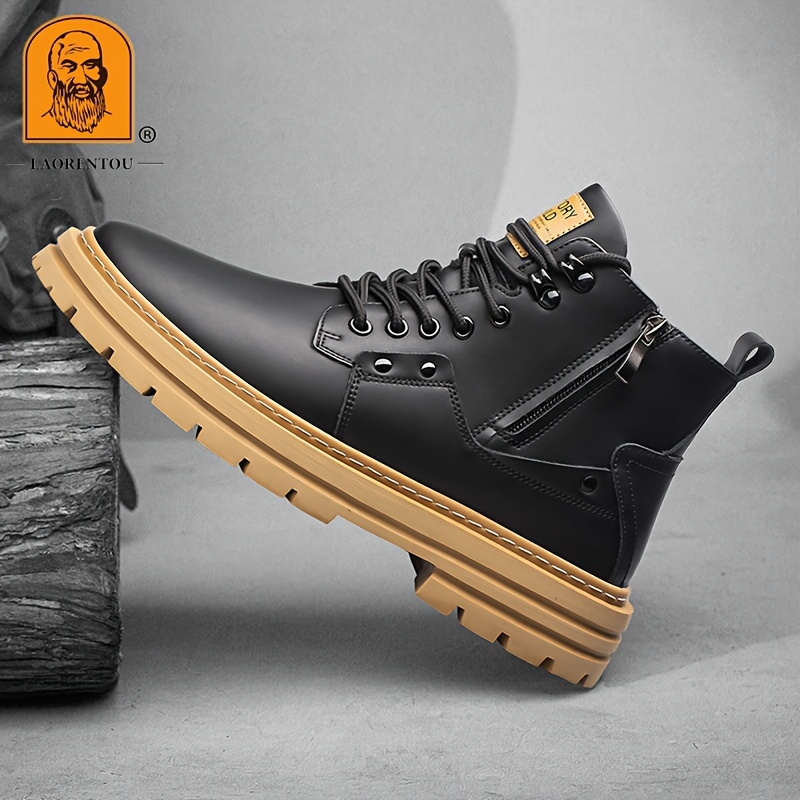 mens trendy outdoor work boots breathable anti skid high top lace up boots with side zipper autumn and winter details 4