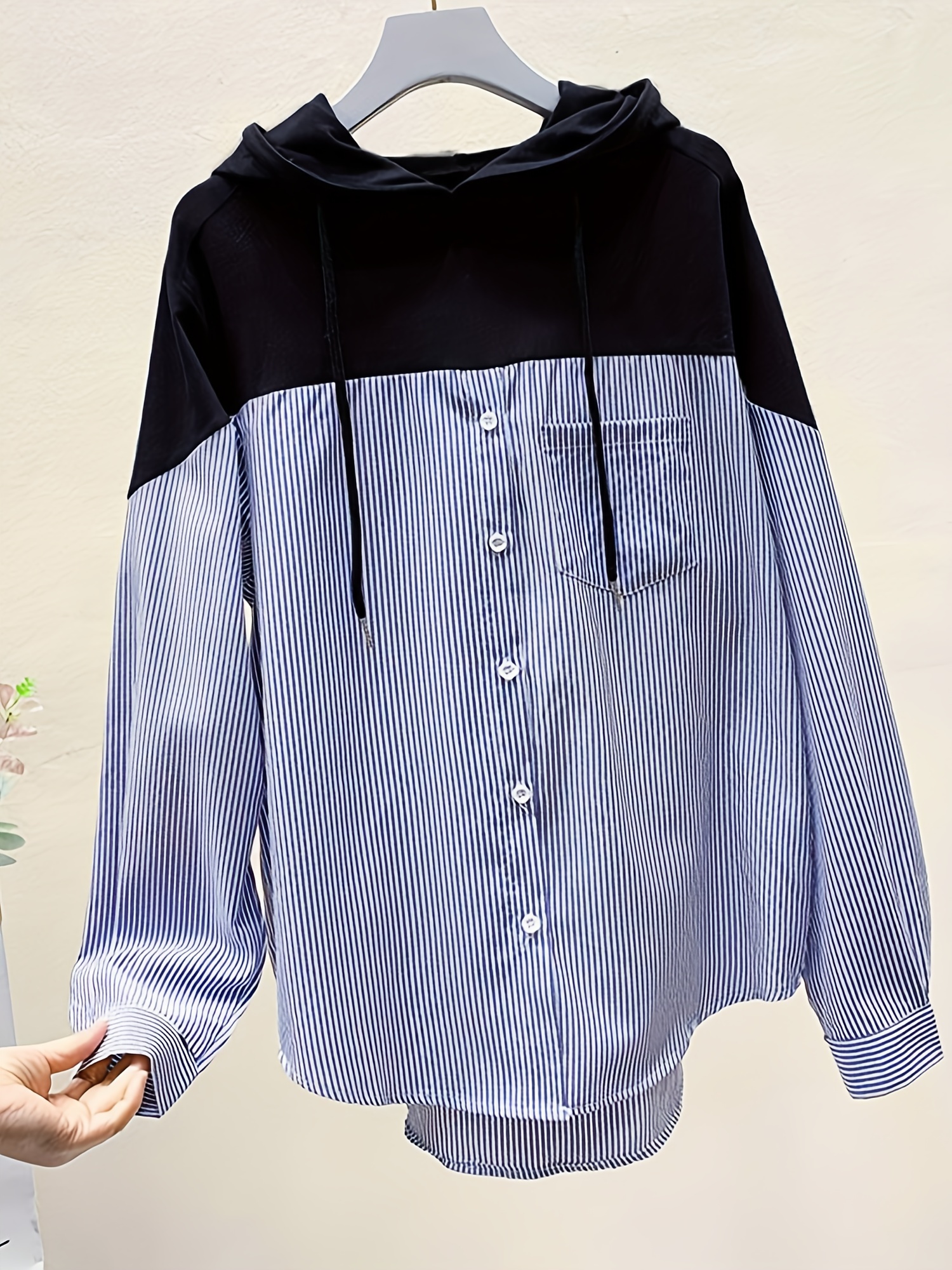 patchwork striped print button hoodie casual cuff sleeve drawstring hoodies sweatshirt womens clothing details 1
