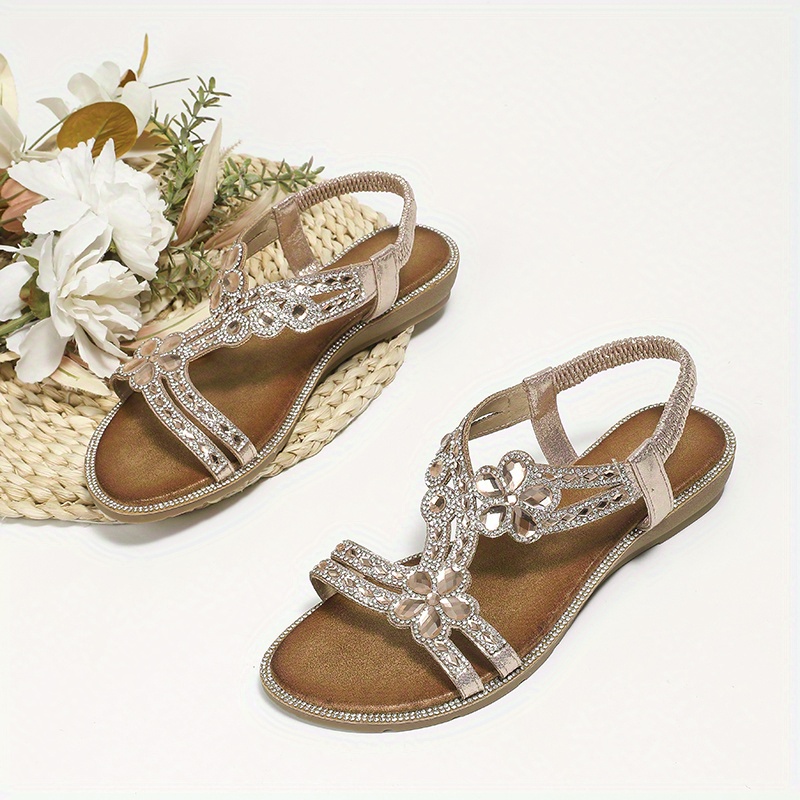 floral rhinestone flat sandals, womens floral rhinestone flat sandals boho style open toe elastic strap shoes casual beach sandals details 15
