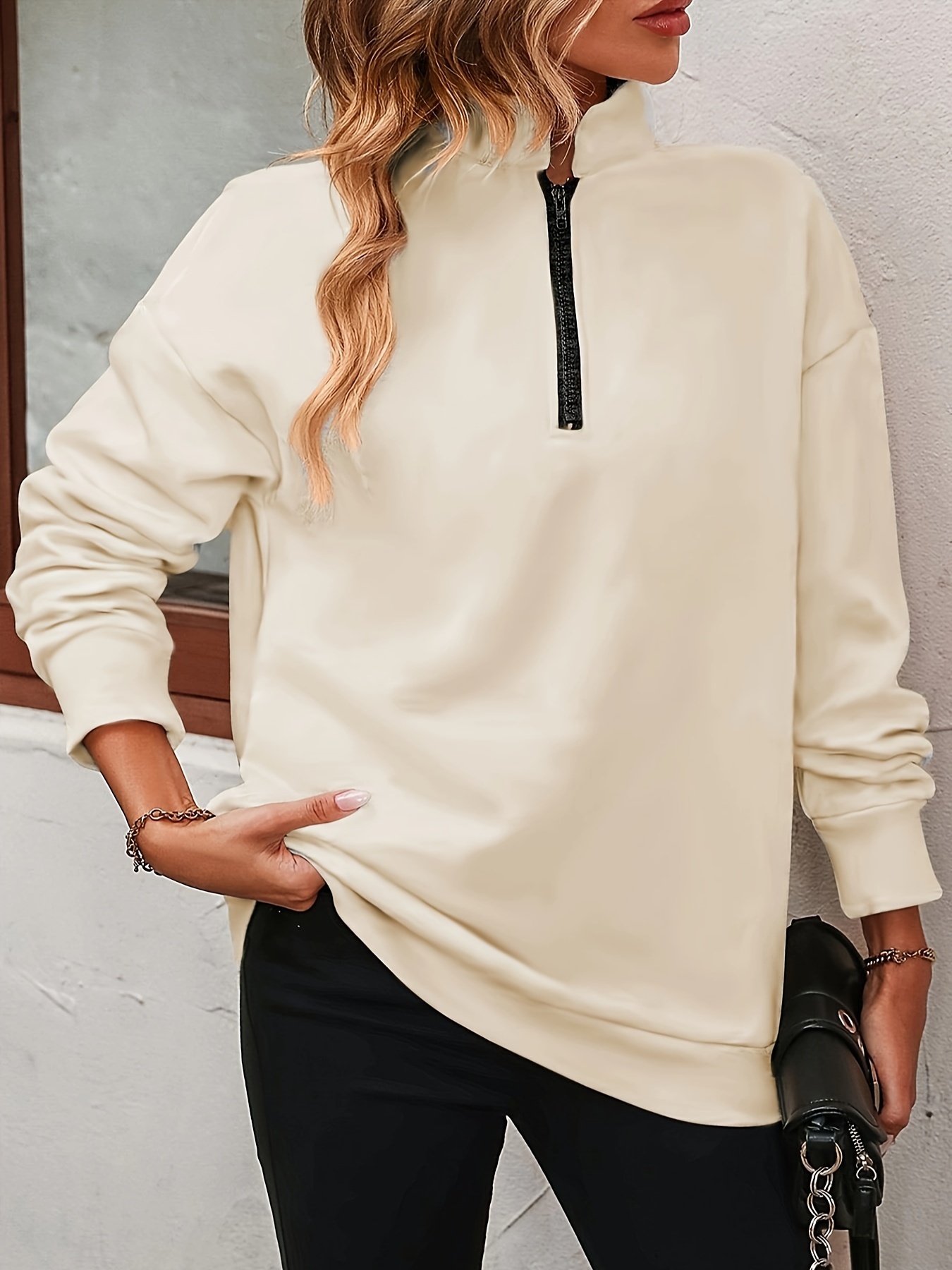 solid half zipper sweatshirt casual long sleeve drop shoulder sweatshirt womens clothing details 8