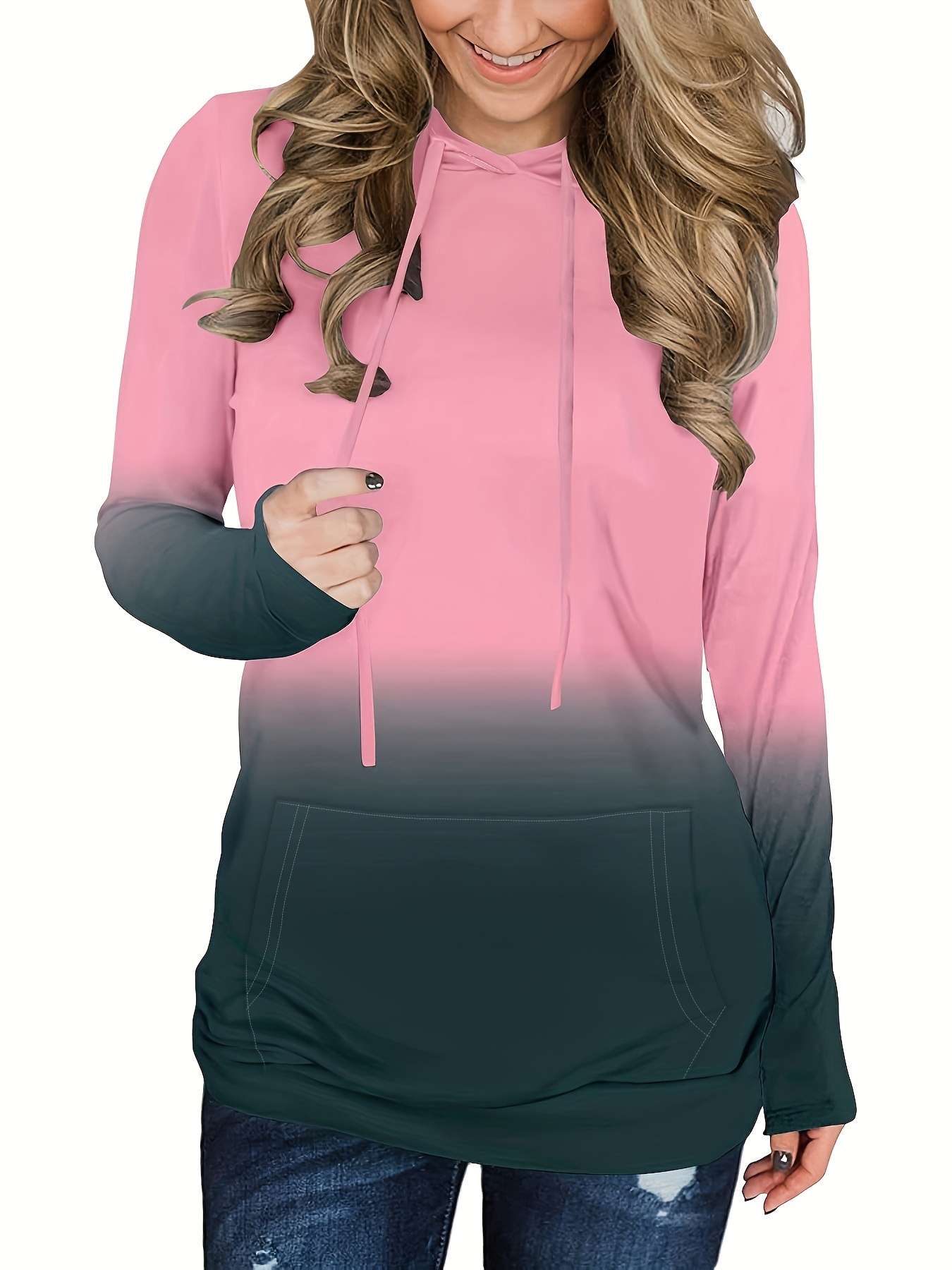 ombre kangaroo pocket hoodie casual long sleeve drawstring hoodies sweatshirt womens clothing details 0