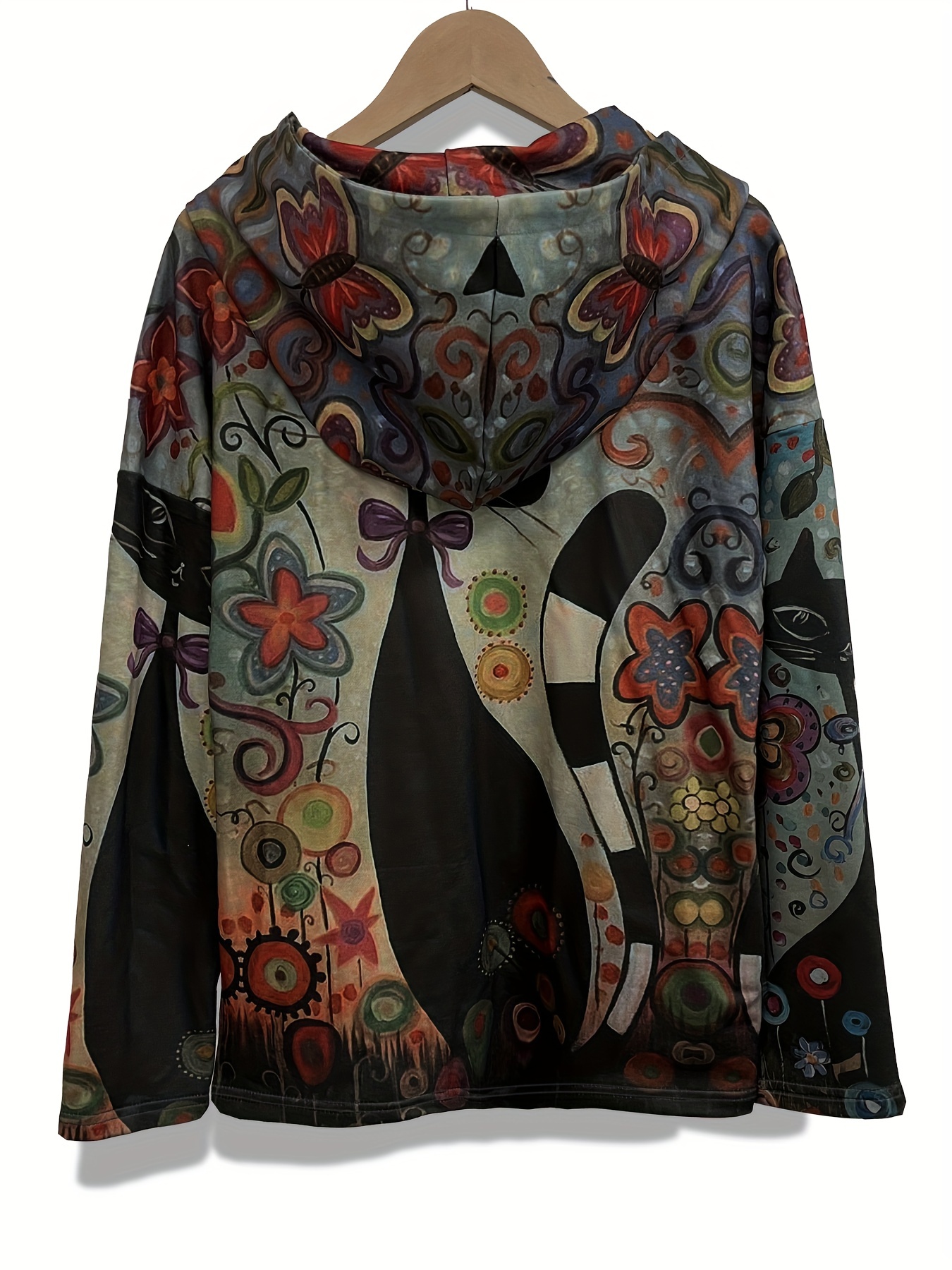 cartoon cat print hoodie casual long sleeve drop shoulder sweatshirt for spring fall womens clothing details 3