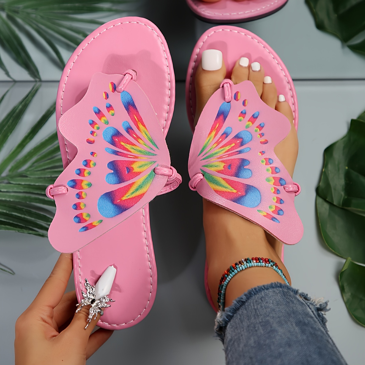 womens butterfly design thong sandals slip on soft sole lightweight flat slides summer non slip beach slides details 5