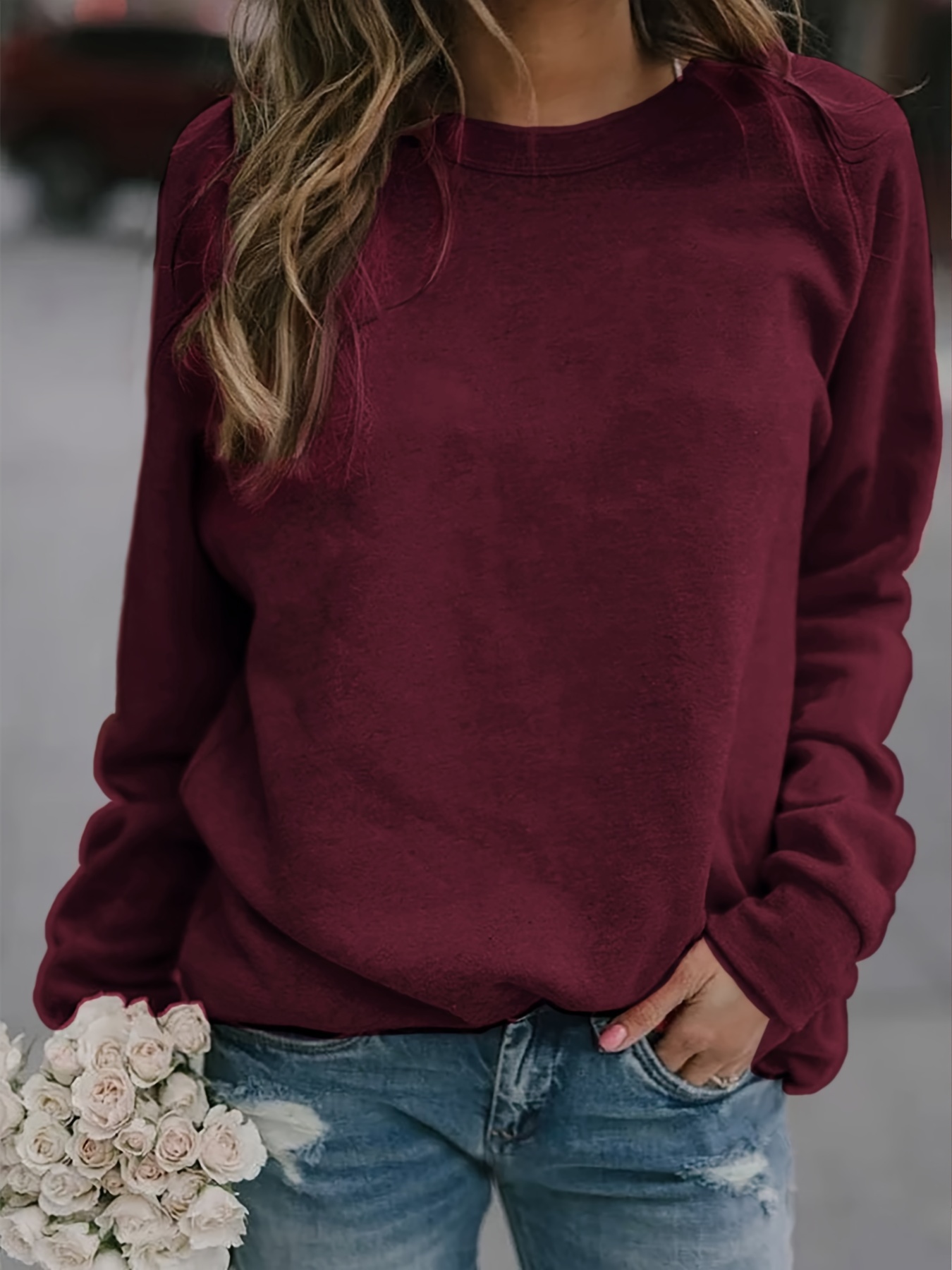 solid pullover sweatshirt long sleeve crew neck sweatshirt casual tops for fall winter womens clothing details 0